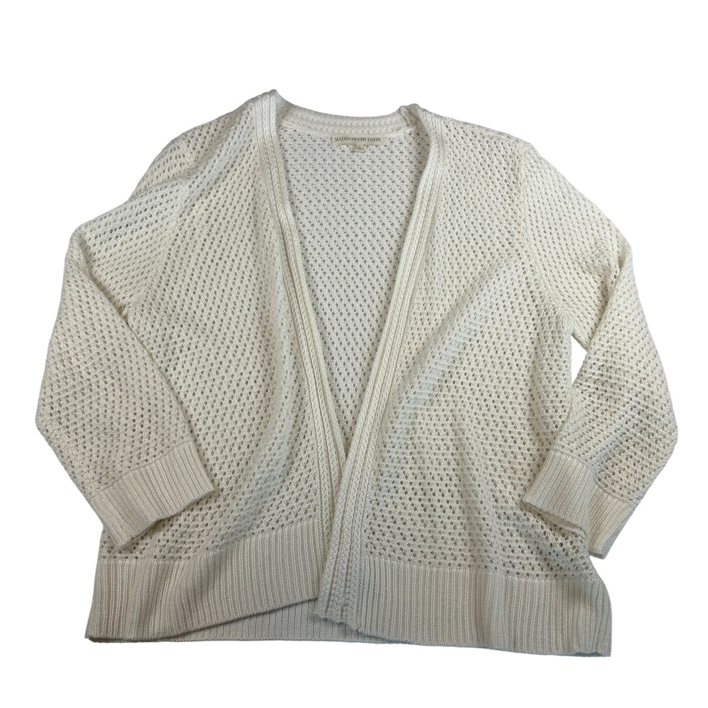 Madison + Hudson Womens White Pointelle Open Front Cardigan Sweater 3/4 Sleeve L